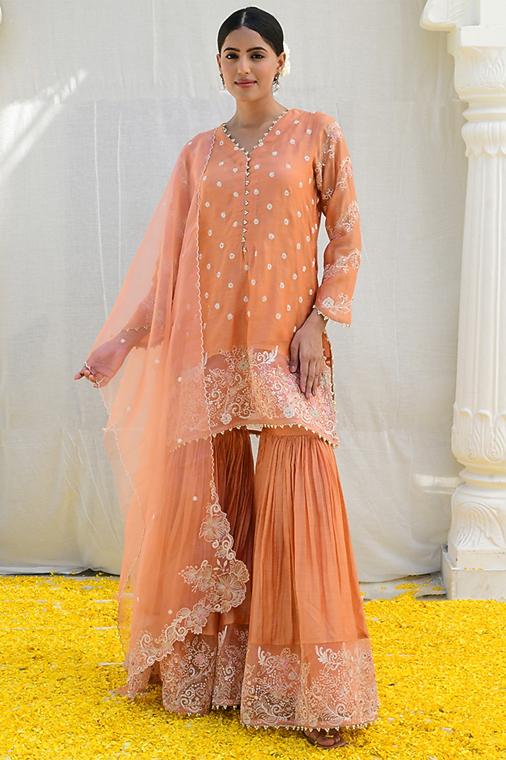 Peach Banarasi Silk Embroidered Wedding Sharara Set by Niti Bothra at Pernia's Pop Up Shop