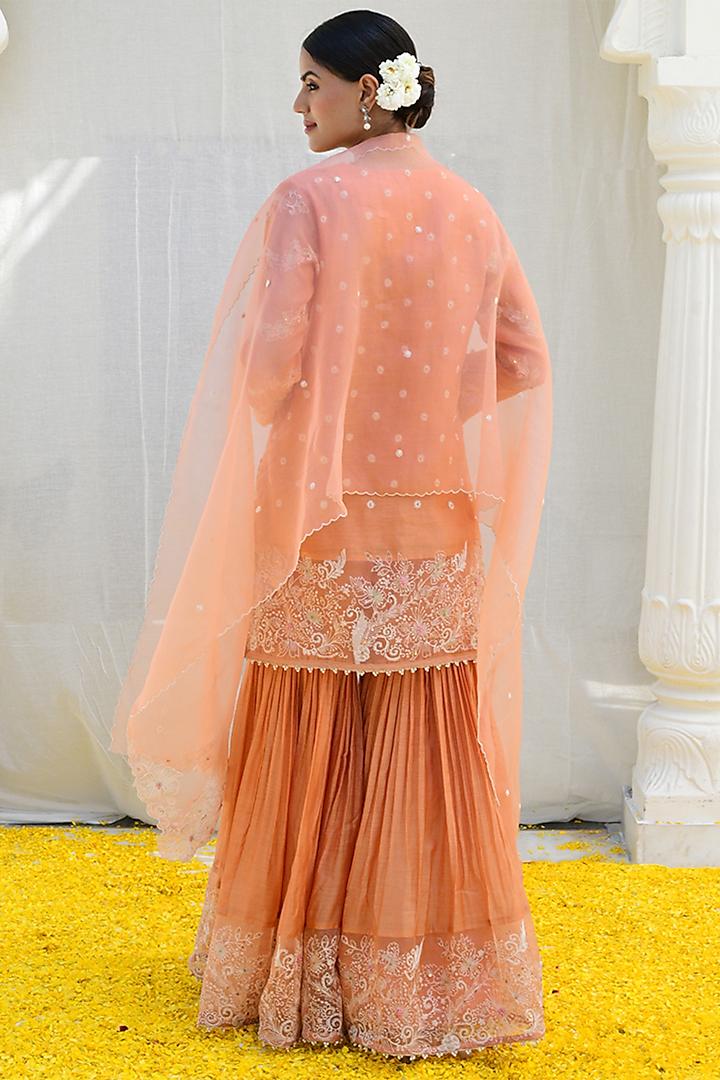 Peach Banarasi Silk Embroidered Wedding Sharara Set by Niti Bothra at Pernia's Pop Up Shop