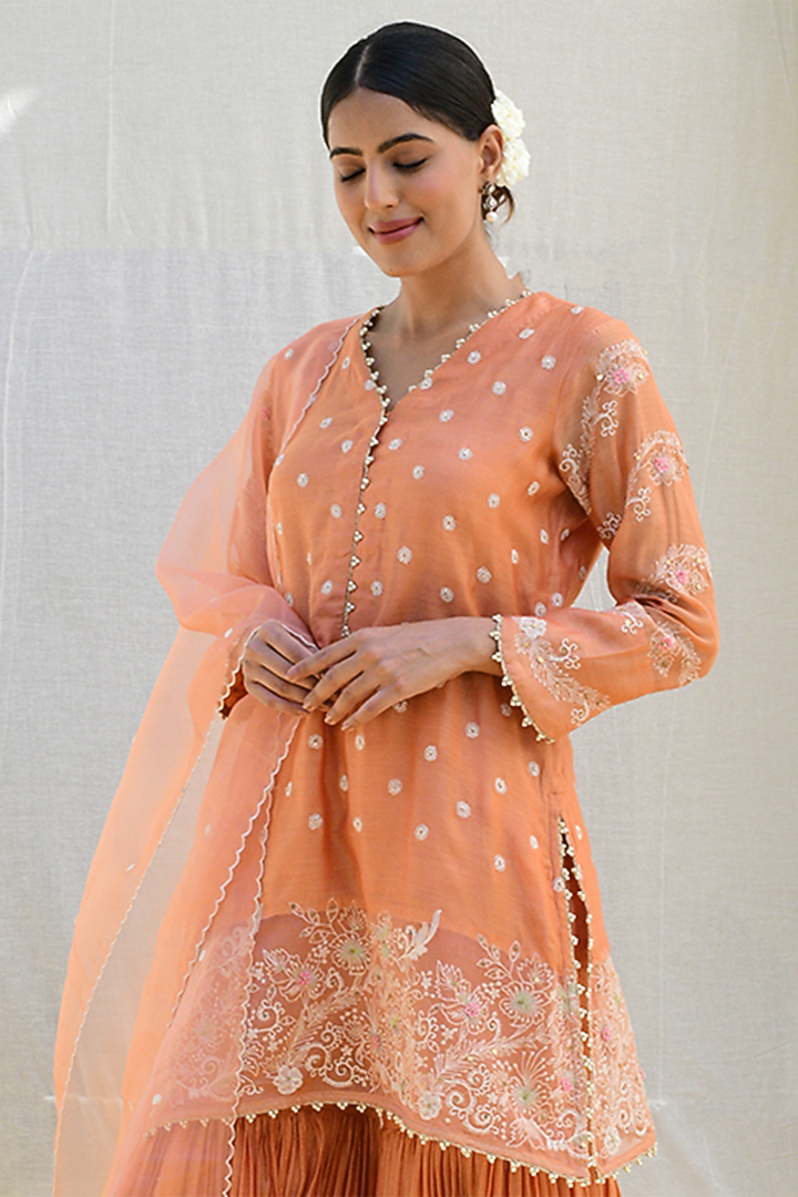Peach Banarasi Silk Embroidered Wedding Sharara Set by Niti Bothra at Pernia's Pop Up Shop