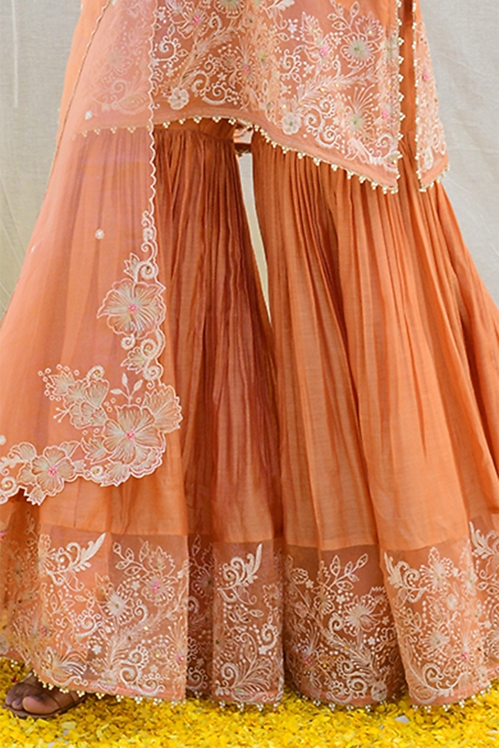 Peach Banarasi Silk Embroidered Wedding Sharara Set by Niti Bothra at Pernia's Pop Up Shop
