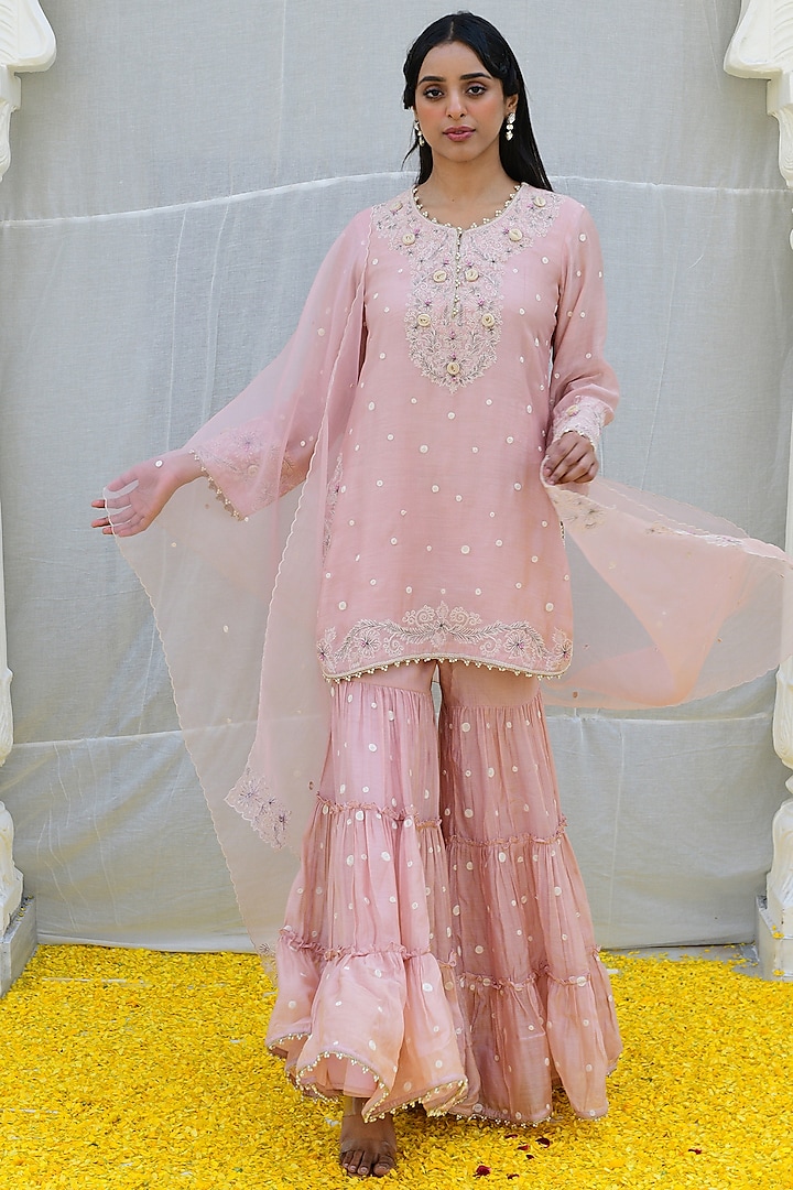 Pink Bemberg & Mul Embroidered Tiered Sharara Set by Niti Bothra at Pernia's Pop Up Shop