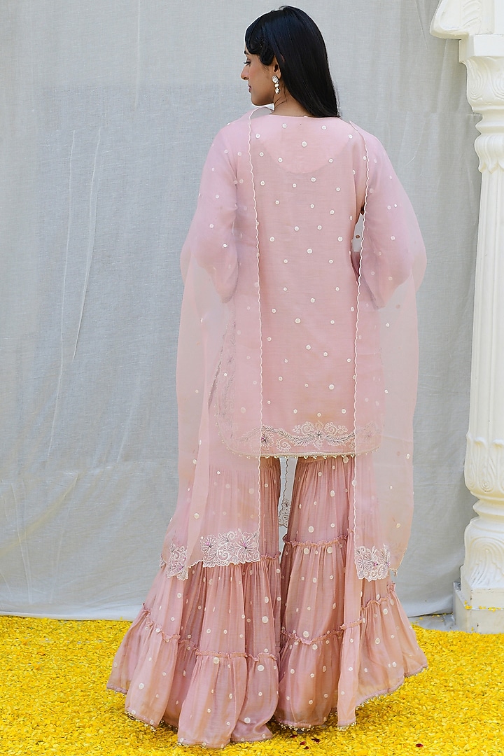 Pink Bemberg & Mul Embroidered Tiered Wedding Sharara Set by Niti Bothra at Pernia's Pop Up Shop