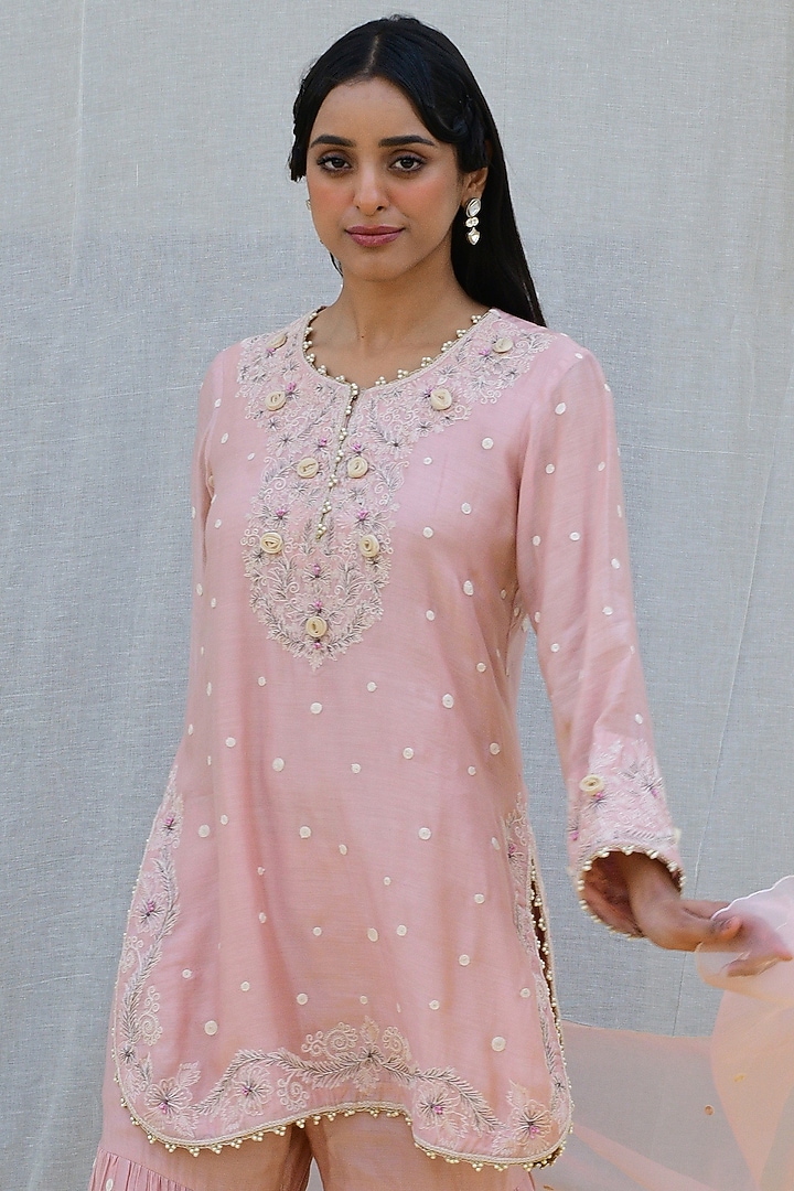 Pink Bemberg & Mul Embroidered Tiered Wedding Sharara Set by Niti Bothra at Pernia's Pop Up Shop