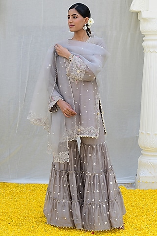 Grey Banarasi Silk Embroidered Tiered Sharara Set by Niti Bothra