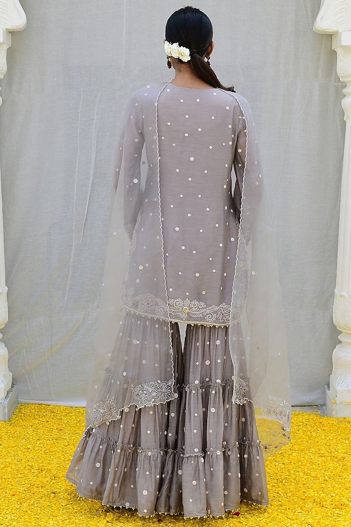 Grey Banarasi Silk Embroidered Tiered Wedding Sharara Set by Niti Bothra at Pernia's Pop Up Shop