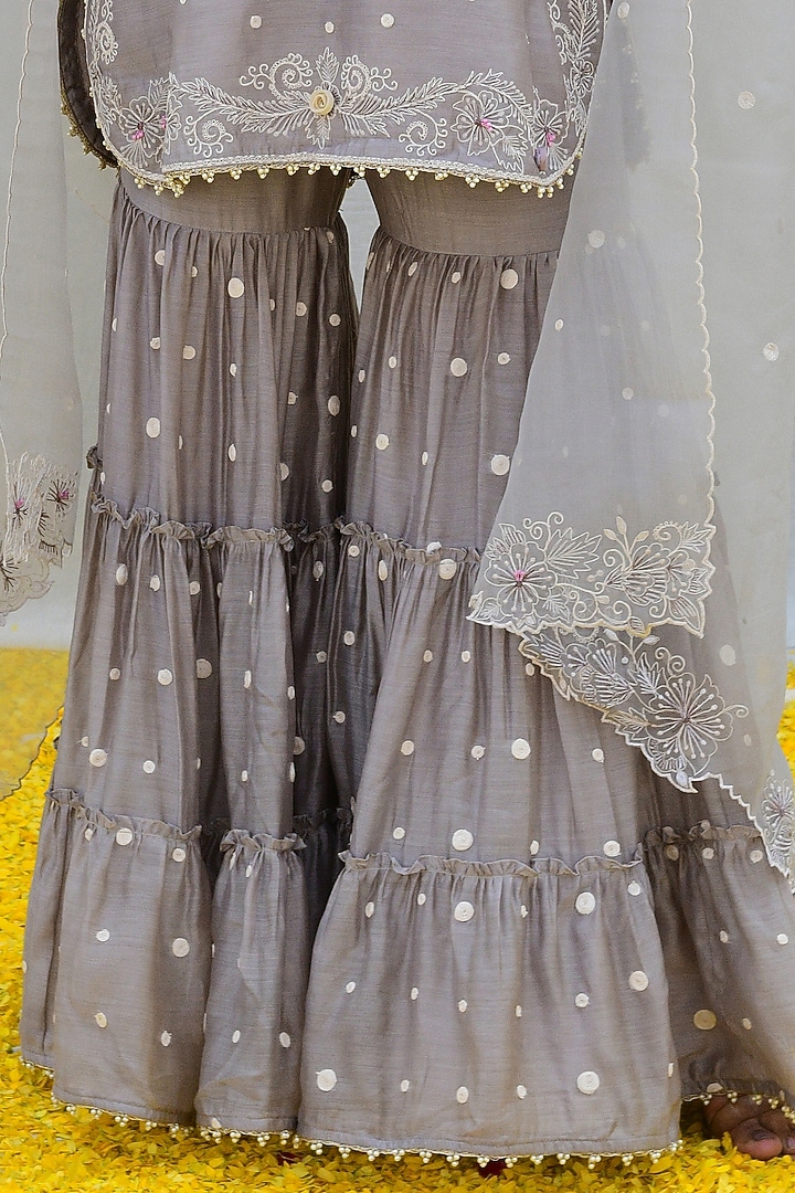 Grey Banarasi Silk Embroidered Tiered Wedding Sharara Set by Niti Bothra at Pernia's Pop Up Shop