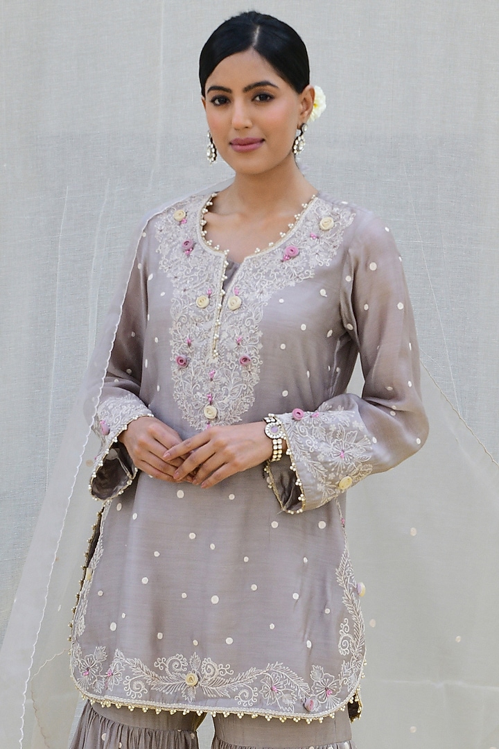Grey Banarasi Silk Embroidered Tiered Wedding Sharara Set by Niti Bothra at Pernia's Pop Up Shop