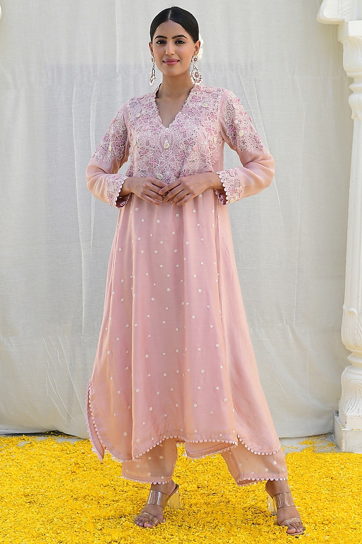 Pink Bemberg & Organza Embroidered Kurta Set by Niti Bothra