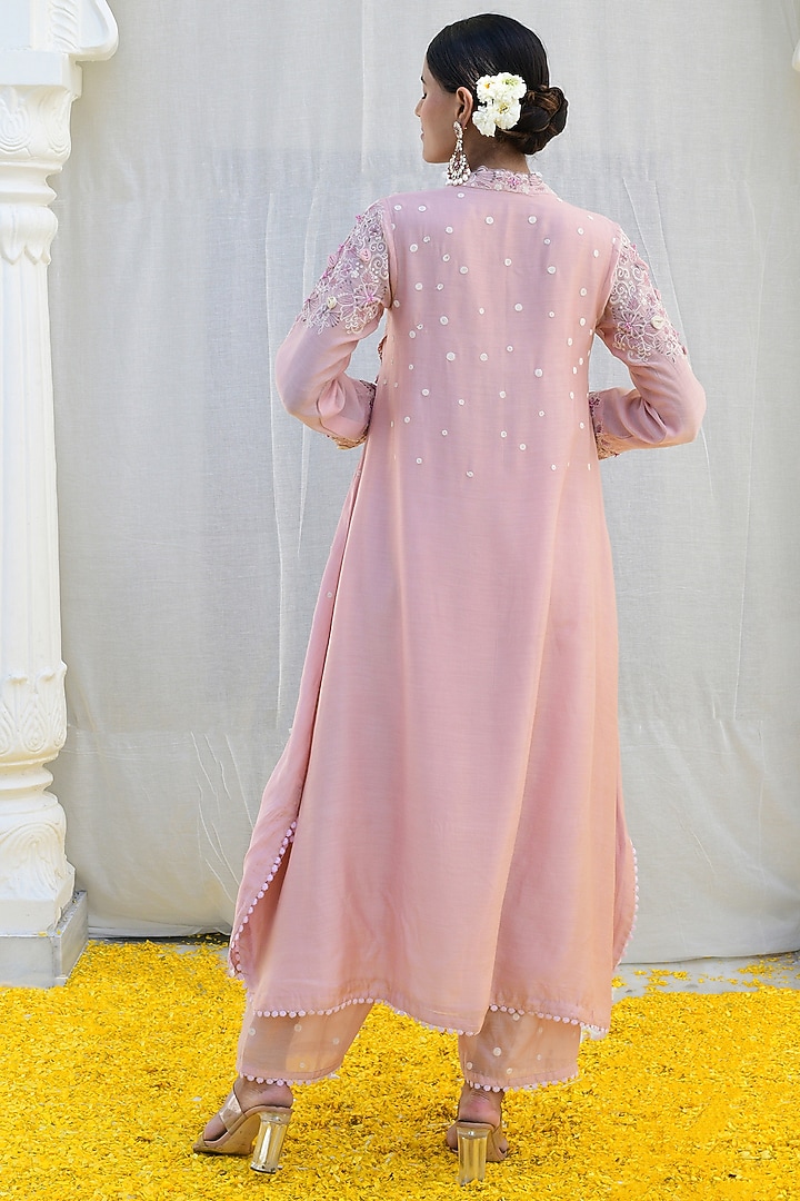 Pink Bemberg & Organza Embroidered Kurta Set by Niti Bothra at Pernia's Pop Up Shop