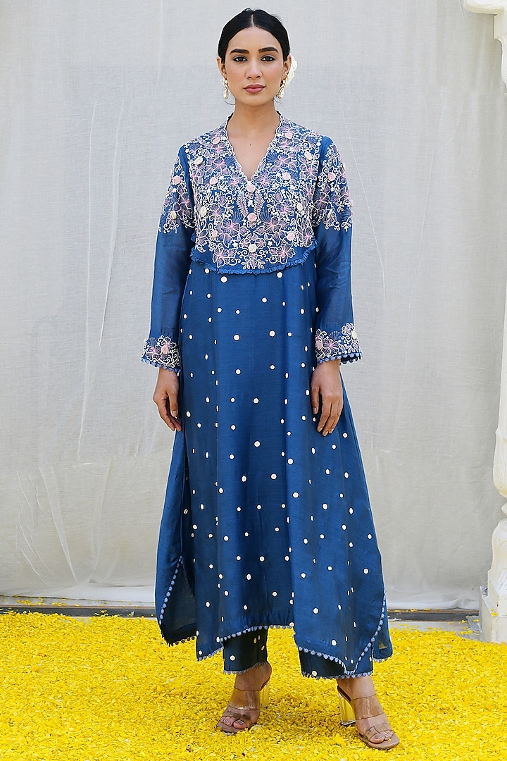 Blue Banarasi Silk Embroidered Kurta Set by Niti Bothra