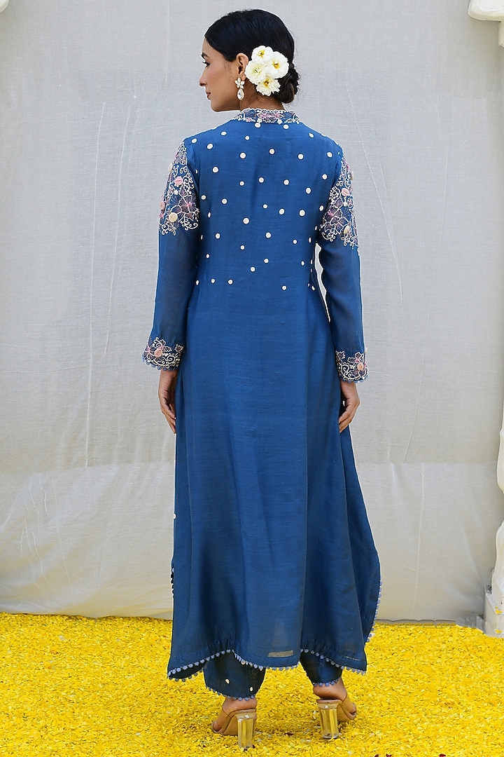 Blue Banarasi Silk Embroidered Kurta Set by Niti Bothra at Pernia's Pop Up Shop