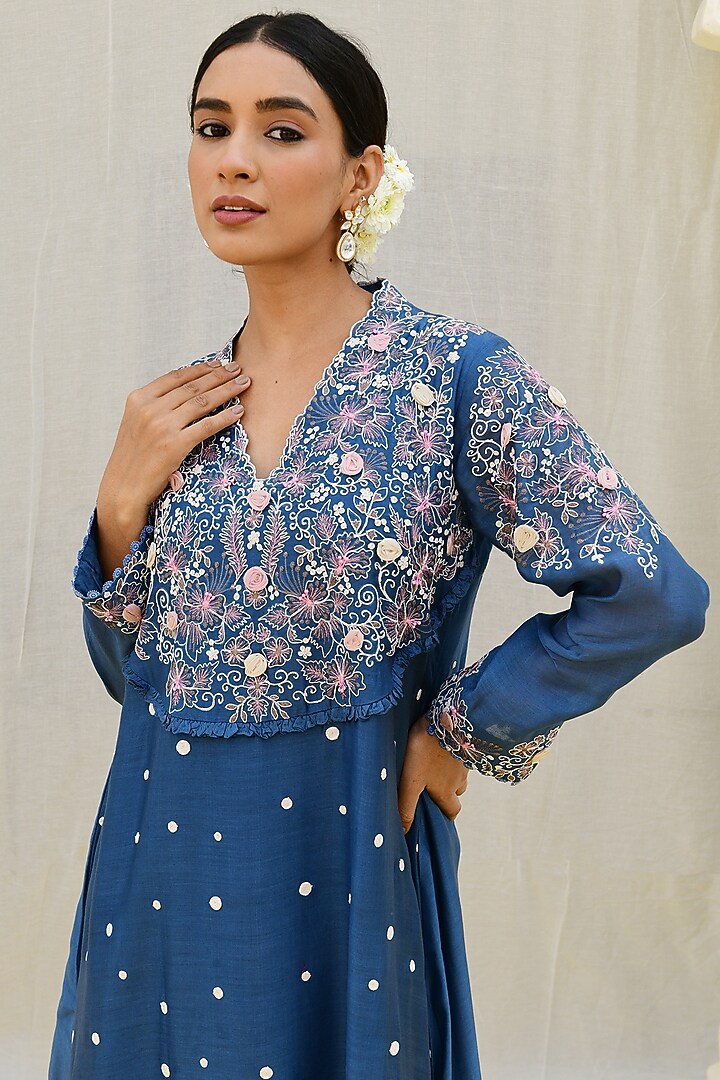 Blue Banarasi Silk Embroidered Kurta Set by Niti Bothra at Pernia's Pop Up Shop