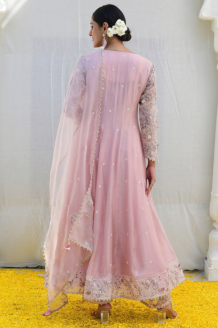 Pink Banarasi Silk Embroidered Wedding Anarkali Set by Niti Bothra at Pernia's Pop Up Shop