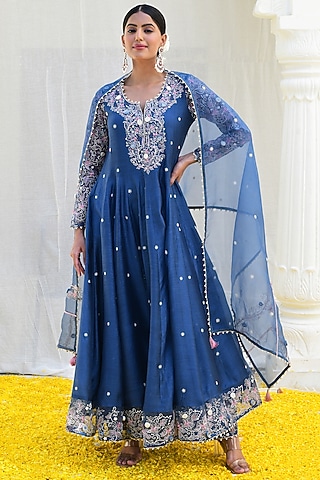 Blue Banarasi Silk Embroidered Anarkali Set by Niti Bothra