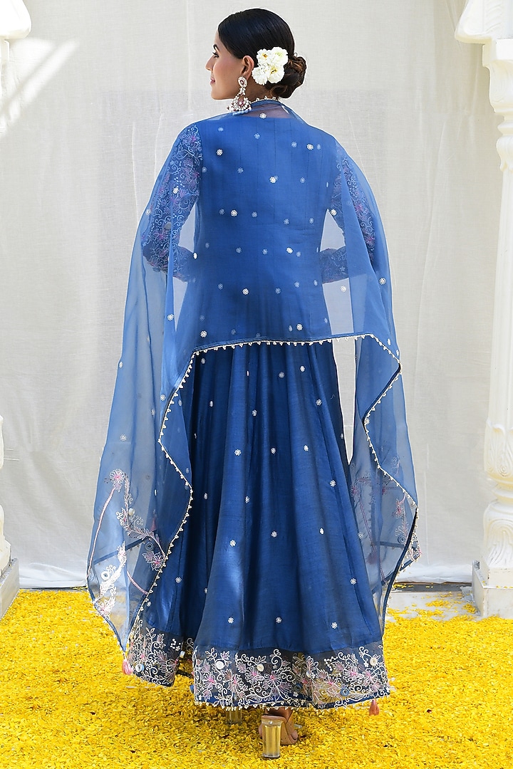 Blue Banarasi Silk Embroidered Wedding Anarkali Set by Niti Bothra at Pernia's Pop Up Shop