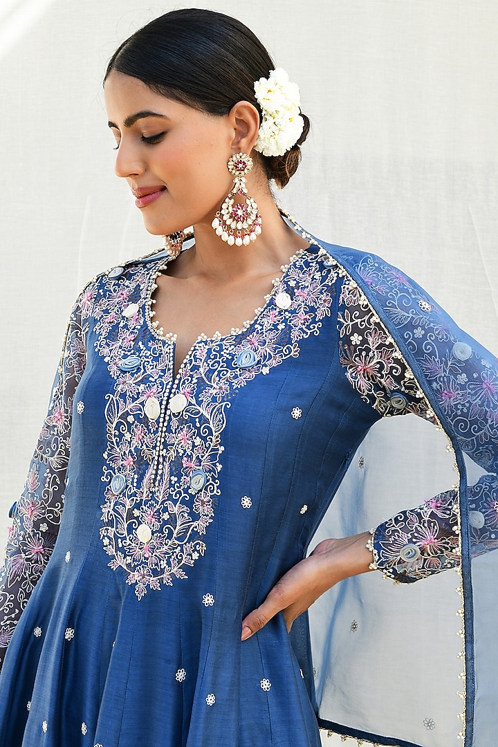 Blue Banarasi Silk Embroidered Wedding Anarkali Set by Niti Bothra at Pernia's Pop Up Shop