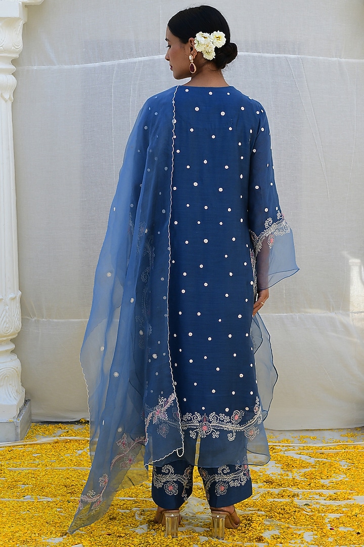 Blue Bemberg & Organza Embroidered Kurta Set by Niti Bothra at Pernia's Pop Up Shop