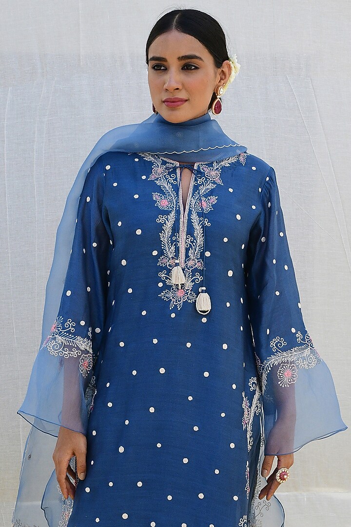 Blue Bemberg & Organza Embroidered Kurta Set by Niti Bothra at Pernia's Pop Up Shop