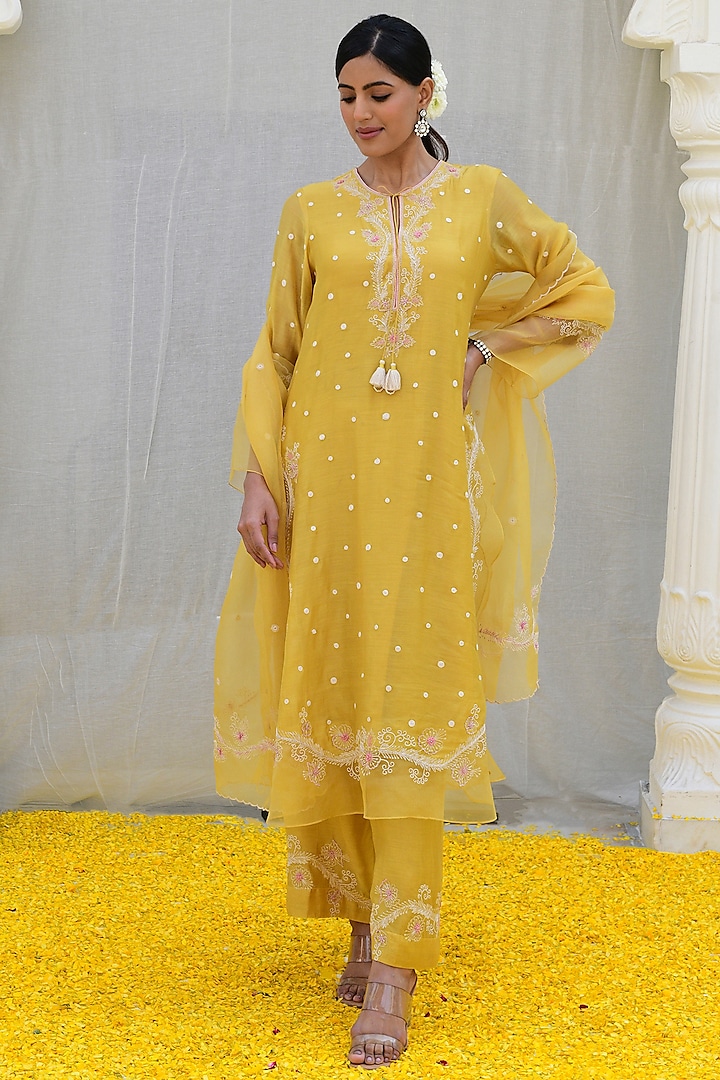 Yellow Banarasi Silk Embroidered Kurta Set by Niti Bothra