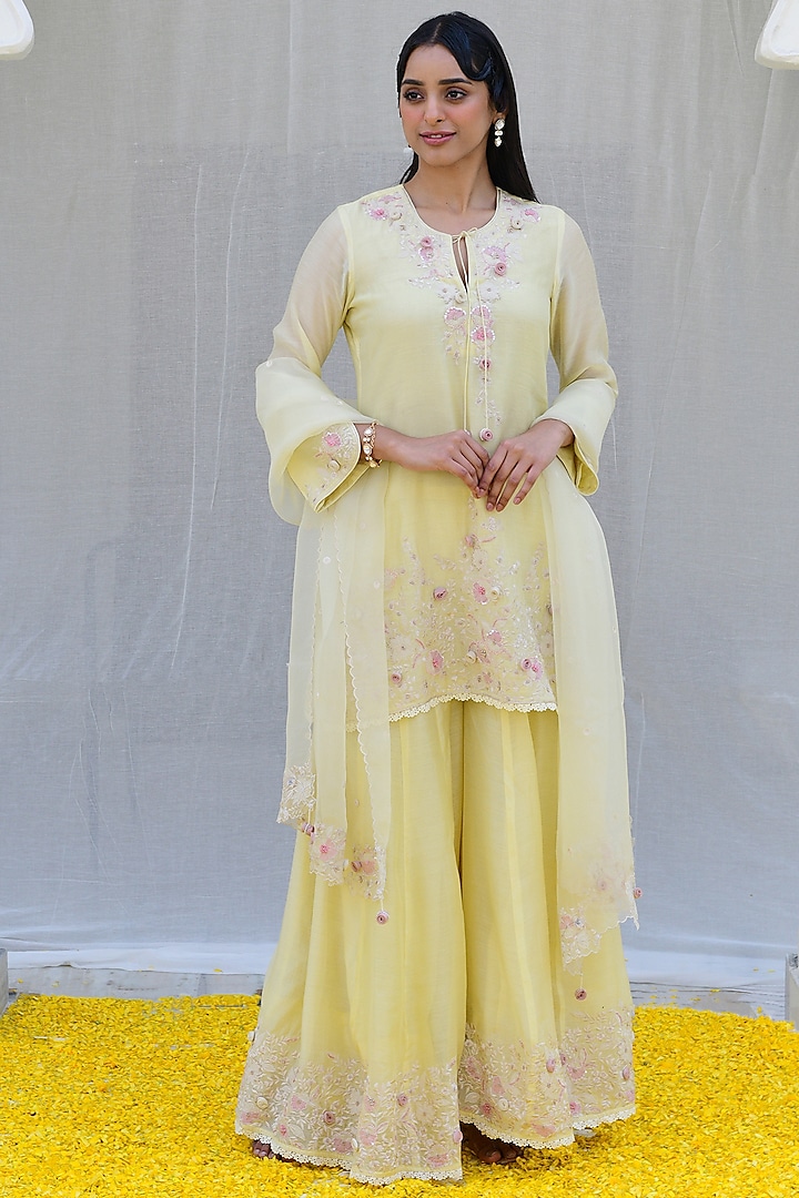 Lemon Yellow Banarasi Silk Embroidered Sharara Set by Niti Bothra