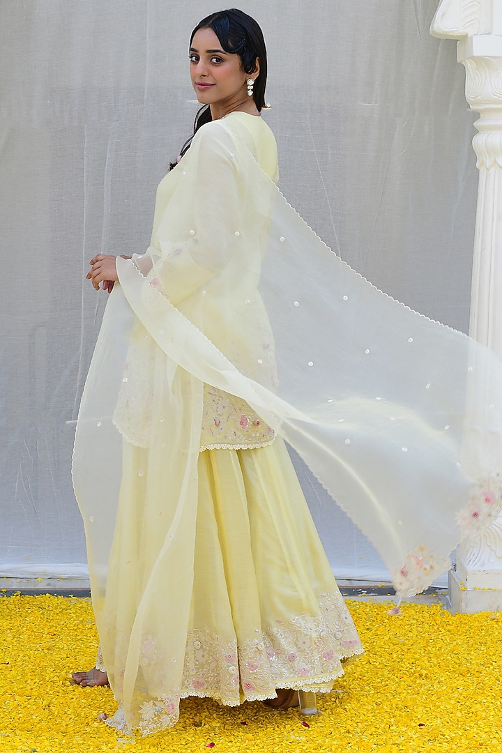Lemon Yellow Banarasi Silk Embroidered Wedding Sharara Set by Niti Bothra at Pernia's Pop Up Shop