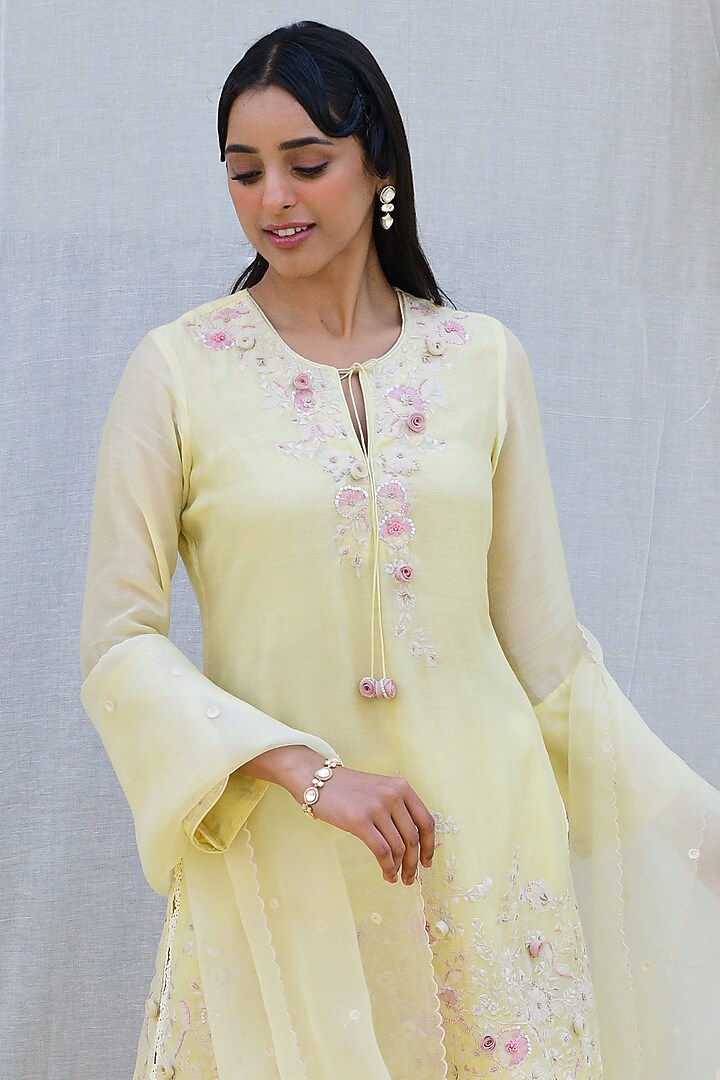Lemon Yellow Banarasi Silk Embroidered Wedding Sharara Set by Niti Bothra at Pernia's Pop Up Shop