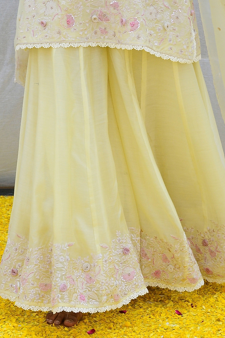 Lemon Yellow Banarasi Silk Embroidered Wedding Sharara Set by Niti Bothra at Pernia's Pop Up Shop