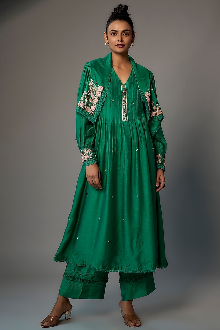 Bottle Green Silk Embroidered kurta Set by Niti Bothra