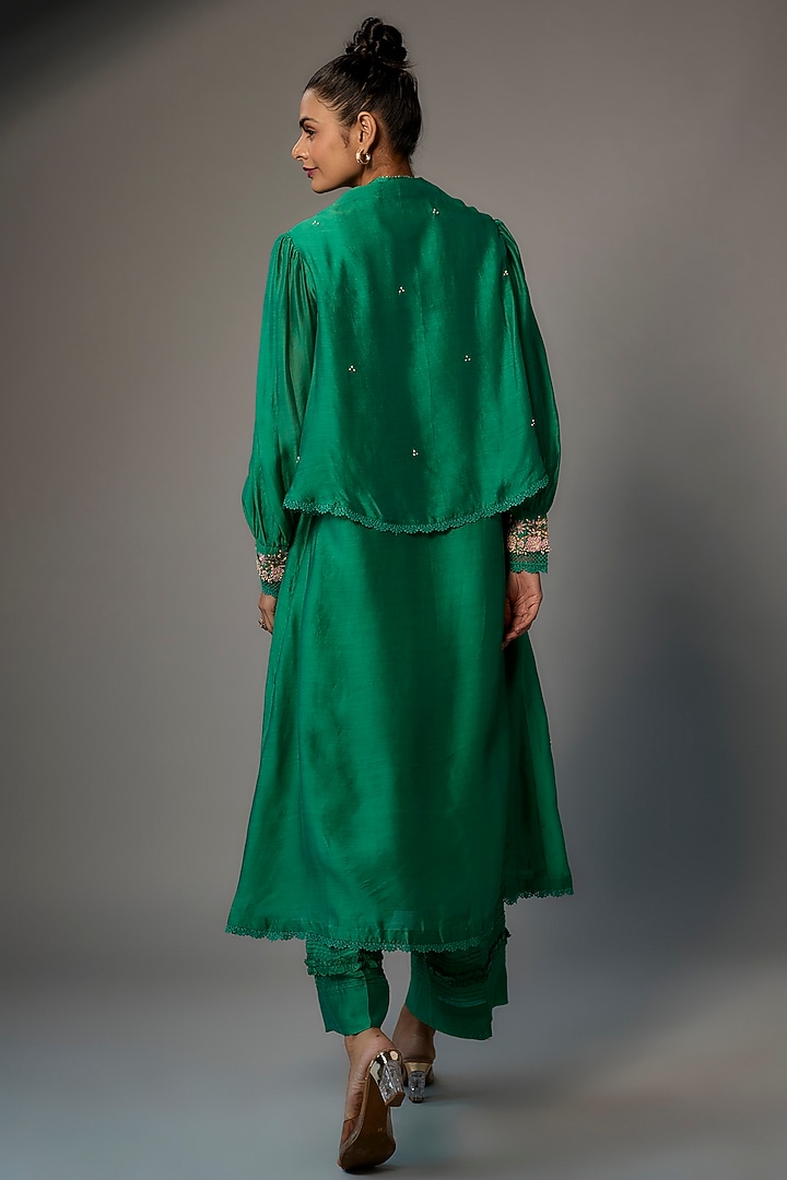 Bottle Green Silk Embroidered kurta Set by Niti Bothra at Pernia's Pop Up Shop