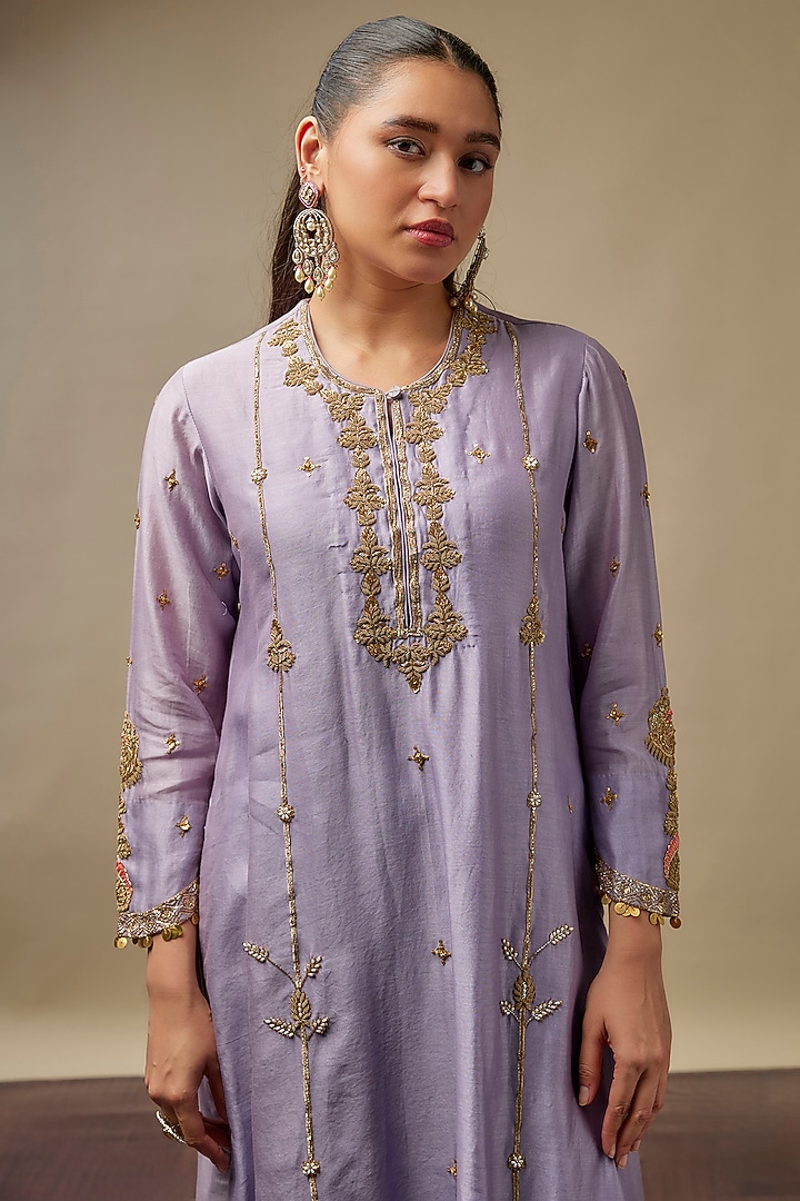 Purple Chanderi Silk Zardosi Embroidered Kurta Set by Niti Bothra at Pernia's Pop Up Shop