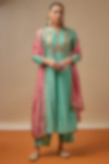 Blue Chanderi Silk Zardosi Embroidered Kurta Set by Niti Bothra at Pernia's Pop Up Shop