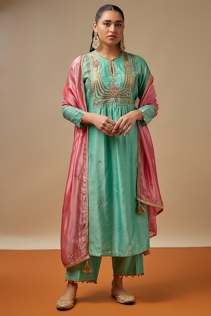 Blue Chanderi Silk Zardosi Embroidered Kurta Set by Niti Bothra at Pernia's Pop Up Shop