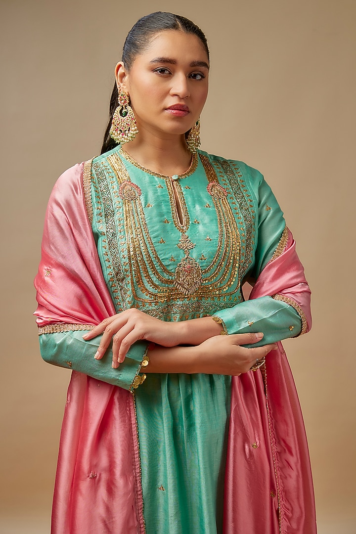 Blue Chanderi Silk Zardosi Embroidered Kurta Set by Niti Bothra at Pernia's Pop Up Shop