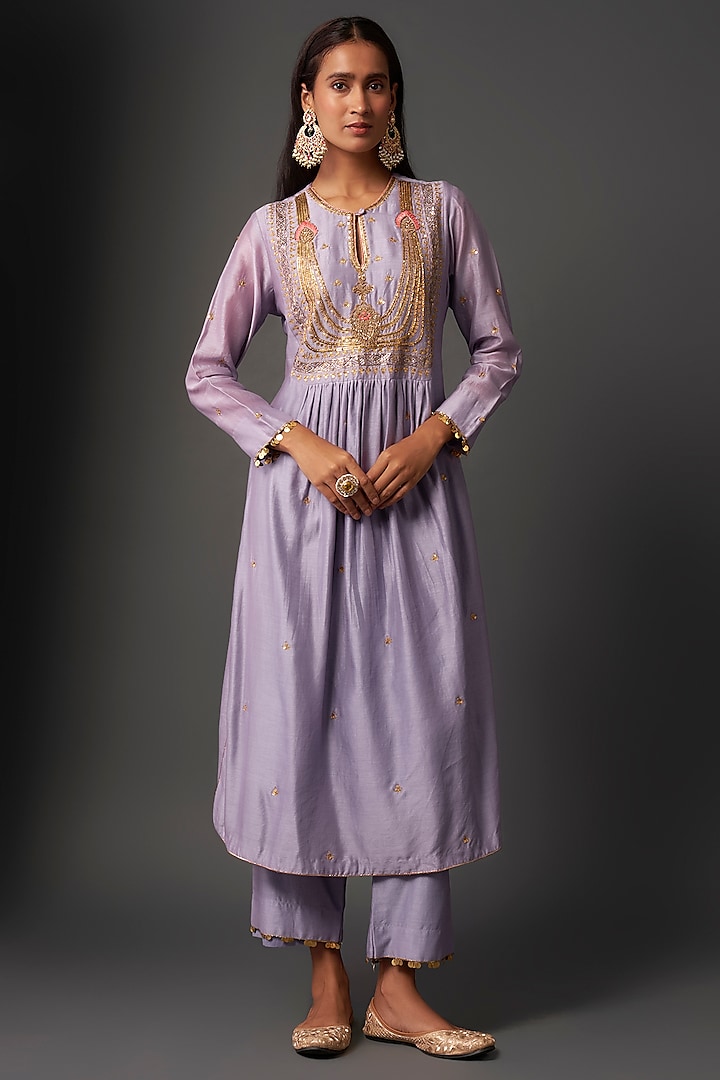 Purple Chanderi Silk Zardosi Embroidered Kurta Set by Niti Bothra at Pernia's Pop Up Shop