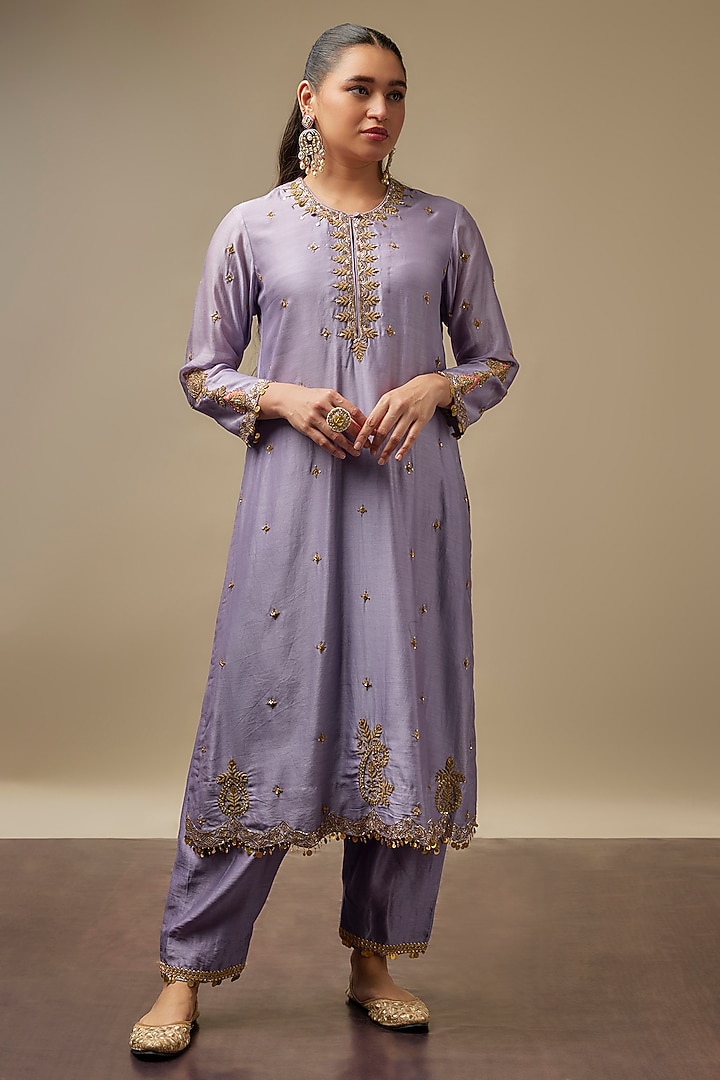 Purple Chanderi Silk Zardosi Embroidered Kurta Set by Niti Bothra at Pernia's Pop Up Shop