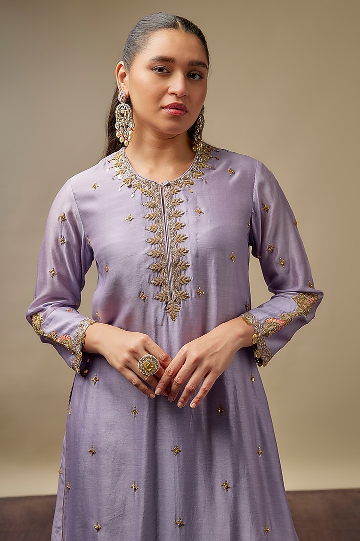 Purple Chanderi Silk Zardosi Embroidered Kurta Set by Niti Bothra at Pernia's Pop Up Shop
