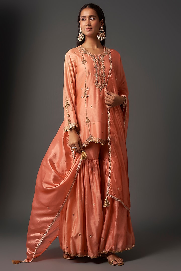 Peach Chanderi Silk Sharara Set by Niti Bothra at Pernia's Pop Up Shop