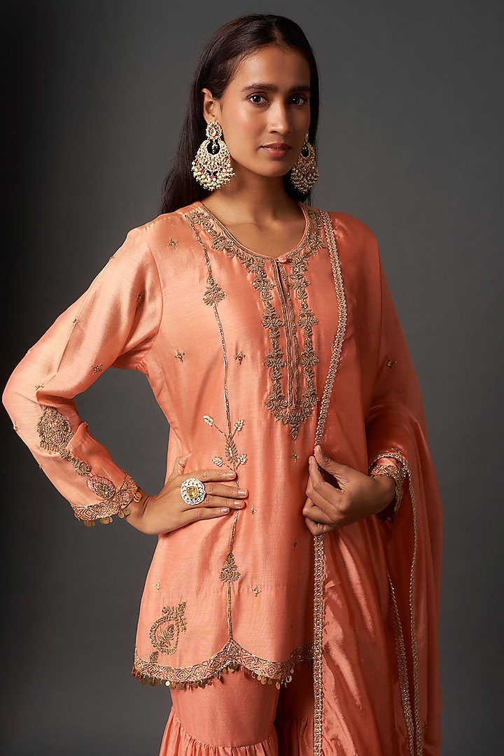 Peach Chanderi Silk Wedding Sharara Set by Niti Bothra at Pernia's Pop Up Shop