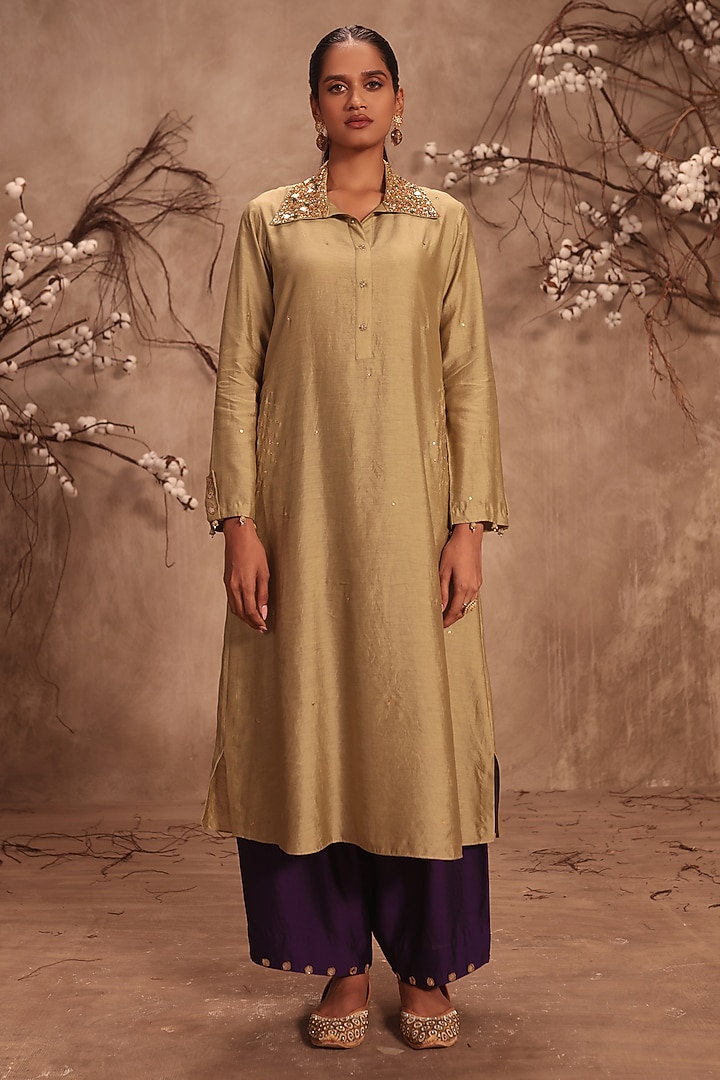 Light Green Chiniya Silk Zardosi Embroidered Kurta Set by Niti Bothra at Pernia's Pop Up Shop
