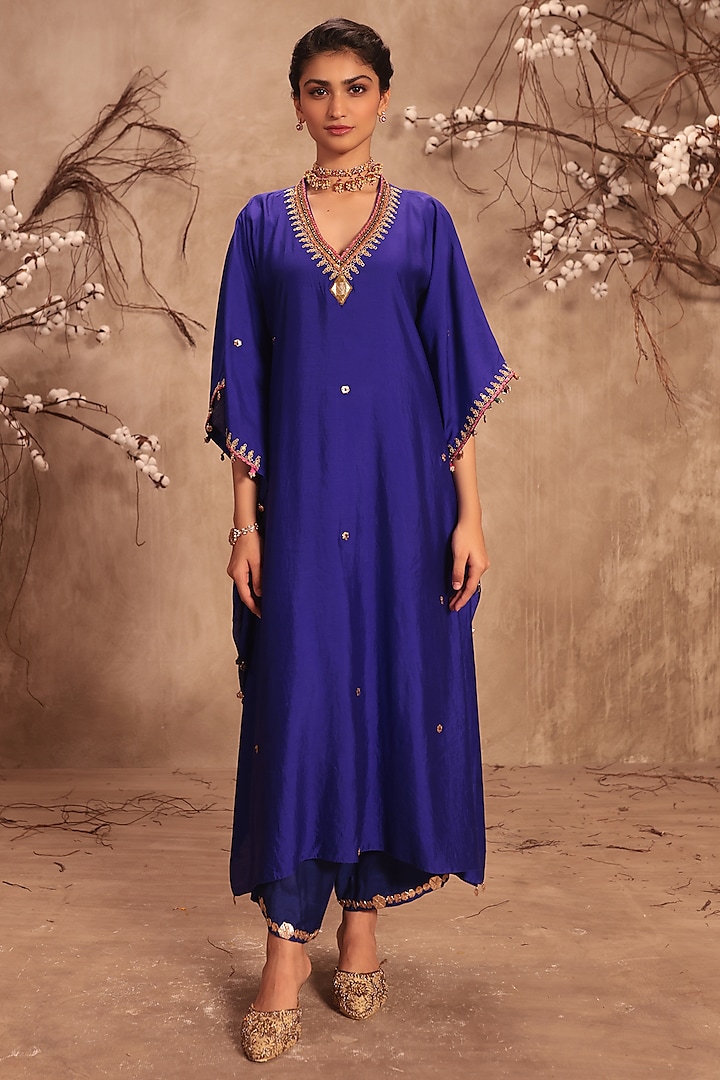 Indigo Chiniya Silk Zardosi Embroidered Kaftan Set by Niti Bothra at Pernia's Pop Up Shop