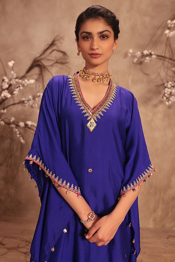 Indigo Chiniya Silk Zardosi Embroidered Kaftan Set by Niti Bothra at Pernia's Pop Up Shop
