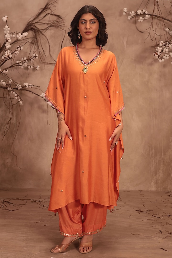 Orange Chiniya Silk Zardosi Embroidered Kurta Set by Niti Bothra at Pernia's Pop Up Shop