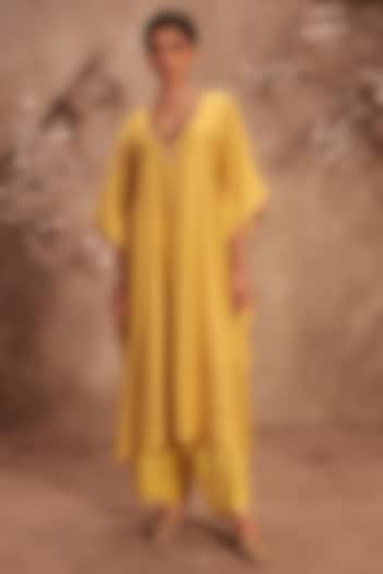 Dark Yellow Chiniya Silk Zardosi Embroidered Kurta Set by Niti Bothra at Pernia's Pop Up Shop