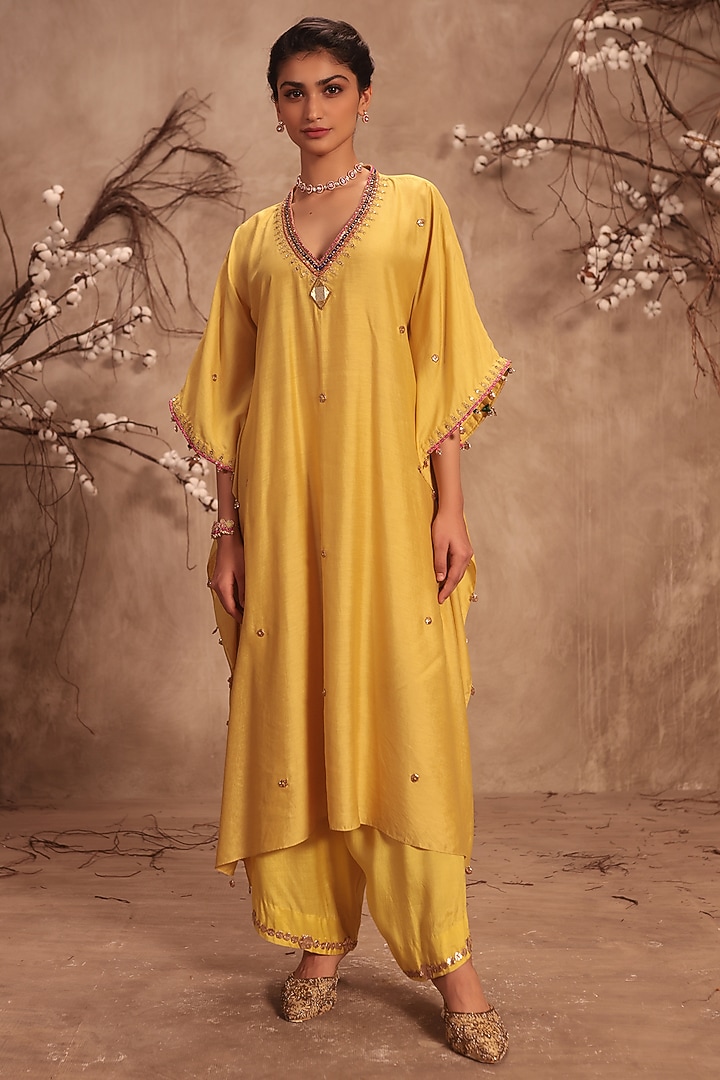 Dark Yellow Chiniya Silk Zardosi Embroidered Kurta Set by Niti Bothra at Pernia's Pop Up Shop