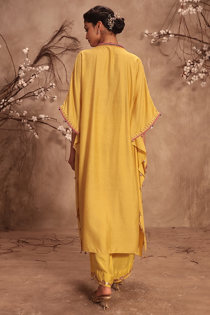 Dark Yellow Chiniya Silk Zardosi Embroidered Kurta Set by Niti Bothra at Pernia's Pop Up Shop