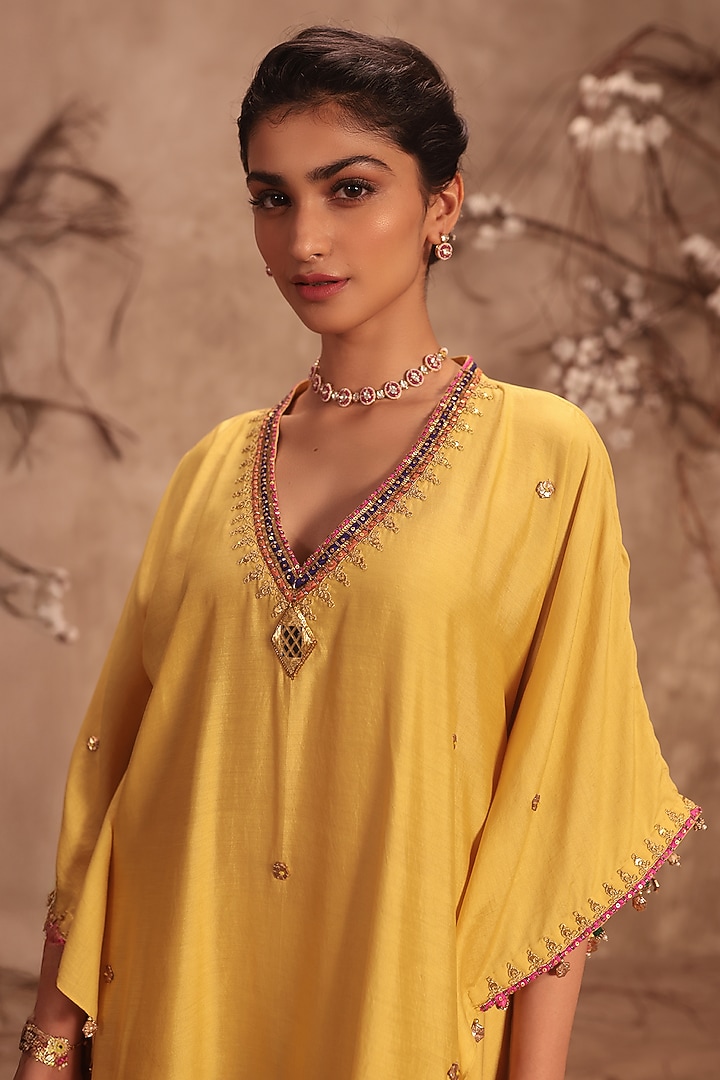 Dark Yellow Chiniya Silk Zardosi Embroidered Kurta Set by Niti Bothra at Pernia's Pop Up Shop