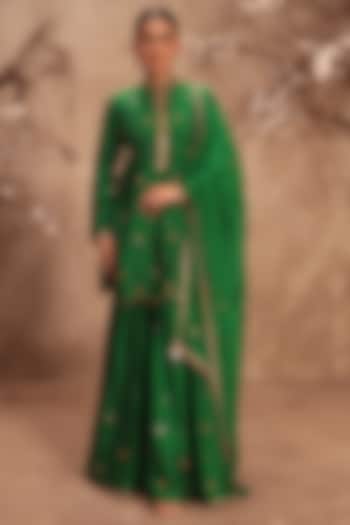Green Yellow Chiniya Silk Embroidered Wedding Sharara Set by Niti Bothra at Pernia's Pop Up Shop