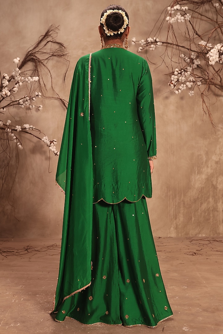 Green Yellow Chiniya Silk Embroidered Wedding Sharara Set by Niti Bothra at Pernia's Pop Up Shop