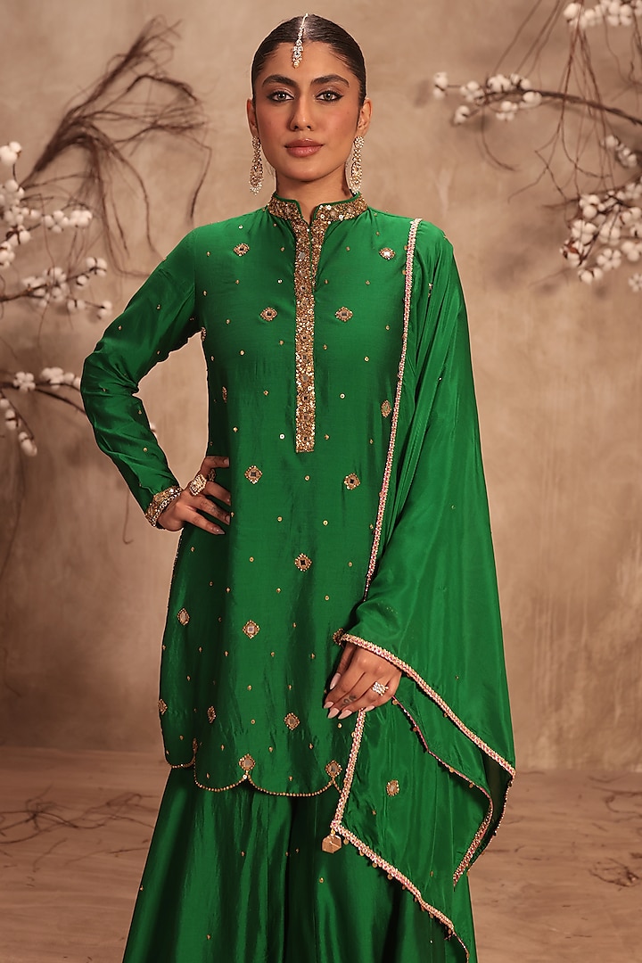 Green Yellow Chiniya Silk Embroidered Wedding Sharara Set by Niti Bothra at Pernia's Pop Up Shop