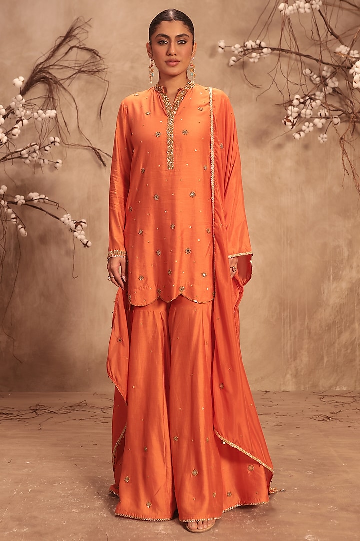 Orange Chiniya Silk Embroidered Wedding Sharara Set by Niti Bothra at Pernia's Pop Up Shop